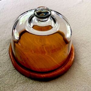 Vintage server. Dessert dome. Cheese ball server. Glass and teak wood